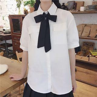 Pocket Detail Shirt With Necktie / High Waist Pleated Skirt