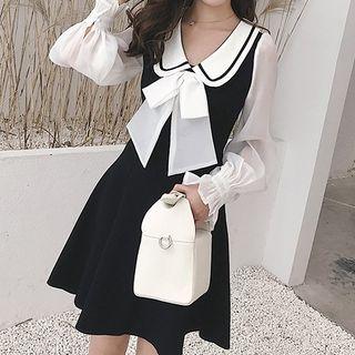 Two-tone Bow Accent Long-sleeve Mini A-line Dress