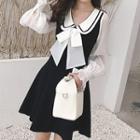 Two-tone Bow Accent Long-sleeve Mini A-line Dress