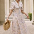 Puff-sleeve Wide Collar Floral Print Frill Trim Midi A-line Dress