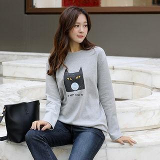 Round-neck Cat-printed T-shirt