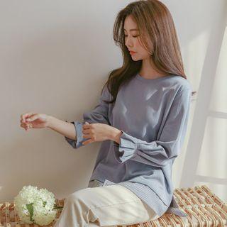 Pleated-cuff Stripe-layered Top