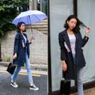 Asymmetric-hem Striped Jacket Navy Blue - One Size