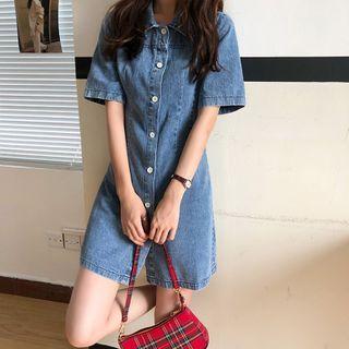 Short-sleeve Button Denim Mini A-line Dress
