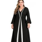 Plus Size Long-sleeve Two-tone Midi A-line Dress