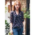 Mandarin-collar Floral Chiffon Blouse