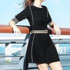 Short-sleeve Piped Dress With Belt