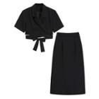 Short-sleeve Tie-strap Cropped Blouse / Midi A-line Skirt