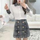 Set: Tweed Trim Blouse + Tweed Buttoned A-line Skirt