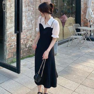 Mock Two-piece Panel Shirt Maxi Dress