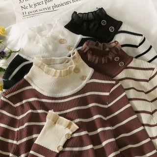 Mock-neck Two Tone Striped Mesh Knit Top