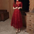 Sheer Panel Short-sleeve A-line Evening Gown