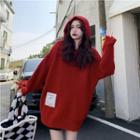 Plain Hooded Long-sleeve Long Top Red - One Size