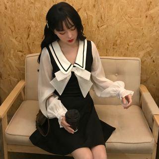 Long-sleeve Bow Accent A-line Dress Black - One Size
