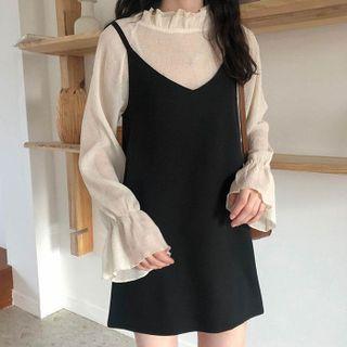 Black Suspender Skirt / Long-sleeve Shirt As Shown In Figure - One Size