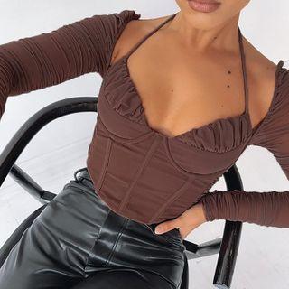 Plain Halter Long Sleeve Cut-out Cropped T-shirt