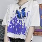 Elbow-sleeve Printed Cropped T-shirt White - One Size