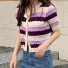 Short-sleeve Color Block Knit Top Purple - One Size