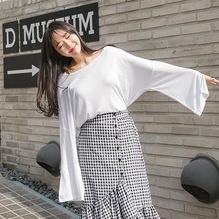 Drop-shoulder Slit Long-sleeve T-shirt