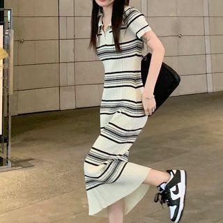 Short-sleeve Striped Ribbed Midi Polo Knit Dress Almond - One Size