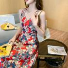 Spaghetti-strap V-neck Print Midi A-line Dress