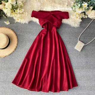 Cap-sleeve Off-shoulder Midi A-line Dress