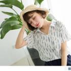 Feather Print Short Sleeve Collared Top