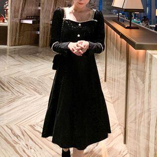 Square Collar Beaded Midi Dress