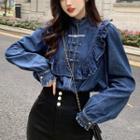 Stand-collar Ruffle Long-sleeve Denim Top Blue - One Size