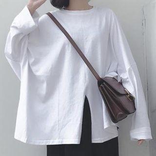 Long-sleeve Slit Plain T-shirt