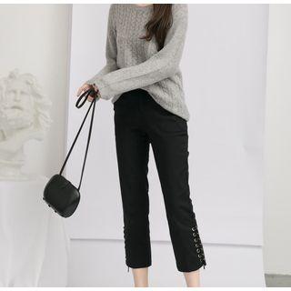 Plain / Plaid Lace-up Hem Straight-cut Pants