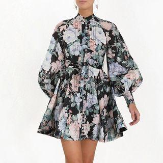 Flower Print Balloon-sleeve Mini Shirtdress