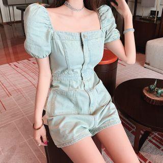 Puff-sleeve Button Denim Playsuit