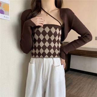Cropped Cardigan / Argyle Knit Camisole Top / Set