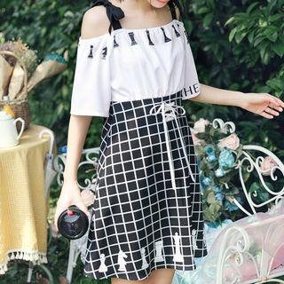 Chess Print Off-shoulder A-line Skirt