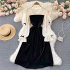 V-neck Lace Long-sleeve Panel Velvet Dress Black - One Size
