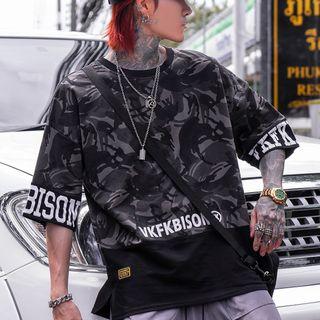Couple Matching Elbow-sleeve Patterned Letter T-shirt