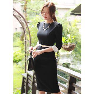 Puff-shoulder Contrast-cuff Sheath Dress With Belt