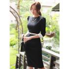 Puff-shoulder Contrast-cuff Sheath Dress With Belt