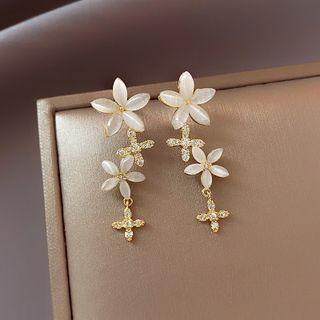 Flower Faux Cat Eye Stone Rhinestone Alloy Dangle Earring 1 Pair - Earring - Silver Needle - Gold - One Size
