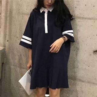 Striped 3/4 Sleeve Polo Shirt Dress