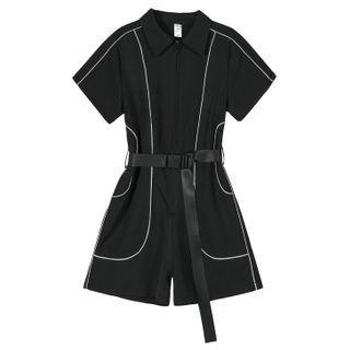 Contrast Trim Short-sleeve Zip-up Playsuit