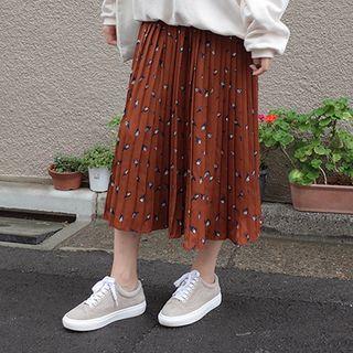 Band-waist Pattern Pleated Long Skirt