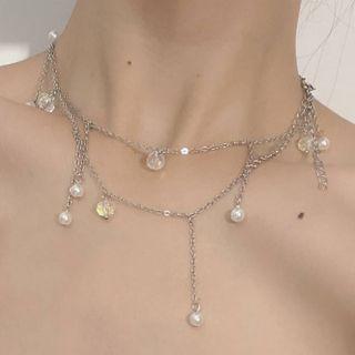 Freshwater Pearl Faux Crystal Fringed Alloy Choker Y-295 - Silver - One Size