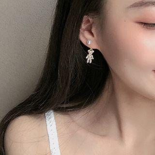 Rhinestone Bear Dangle Earring 1 Pair - S925 Silver Needle - White Faux Pearl & Gold - One Size
