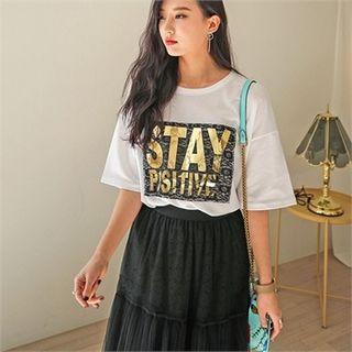 L Me-lettering Sequined-panel T-shirt
