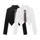 Set: Ruched Crop Shirt + Plaid Tie