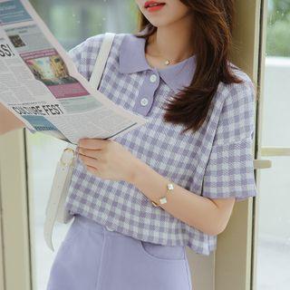 Short-sleeve Gingham Polo Shirt Purple - One Size