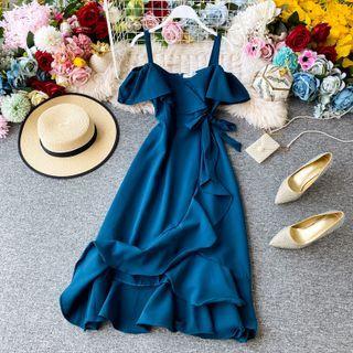 Off-shoulder Ruffle Dress With Sash