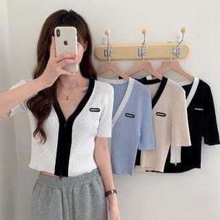 Short-sleeve V-neck Contrast Trim Knit Crop Top